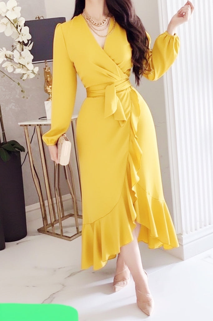 Long Sleeve Ruffle Wrap Dress