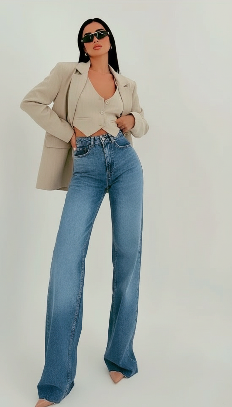 Beige Blazer Set with Model