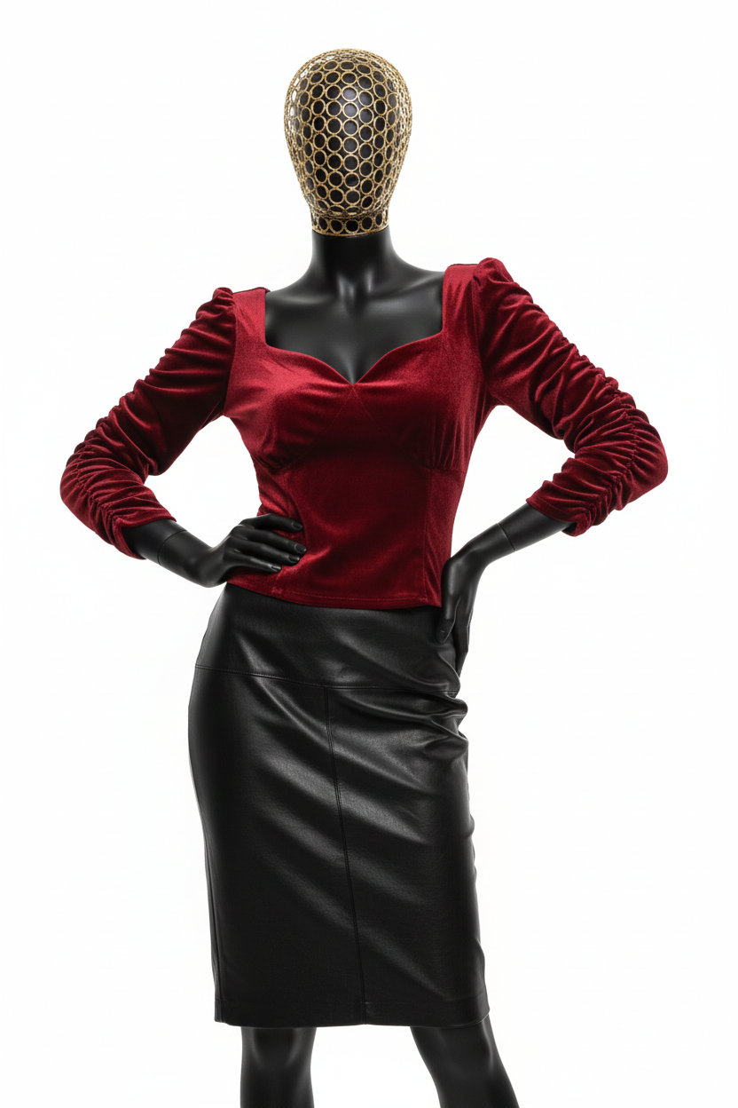 Burgundy velvet heart blouse on model