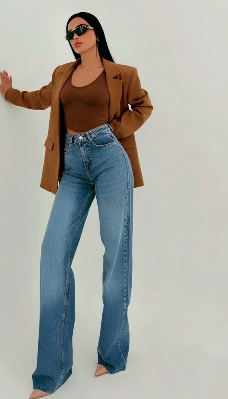 Deep Camel Blazer Set with Model