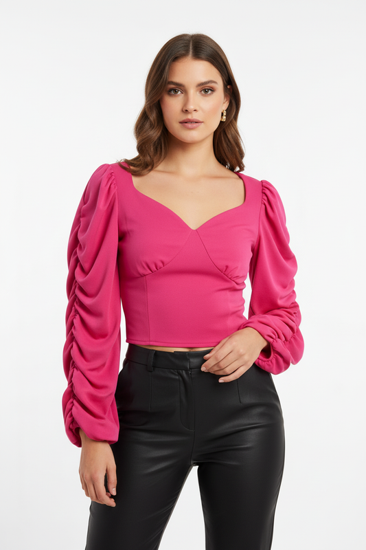 Fuchsia heart blouse on model