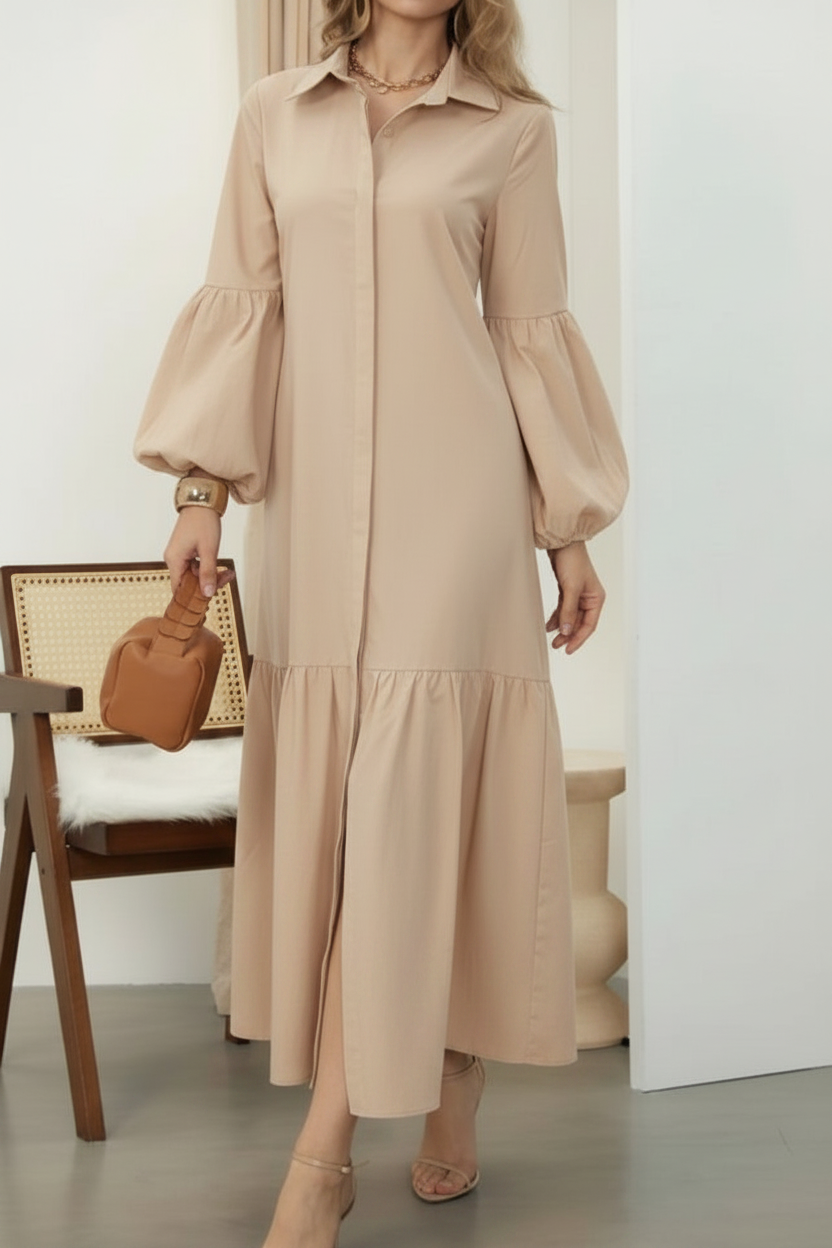 Long Sleeve Light Dress – Beige