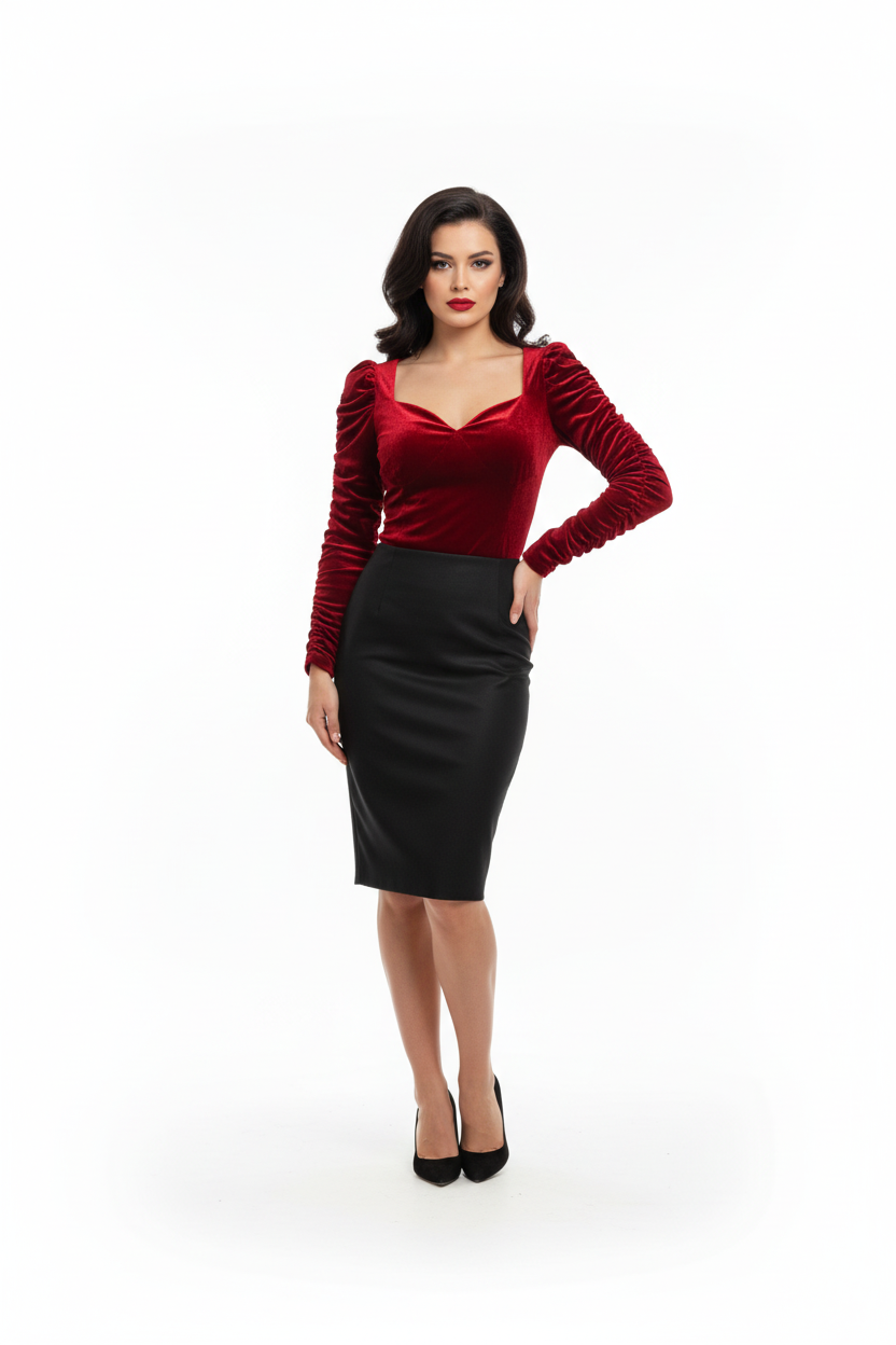 Red velvet heart blouse on model