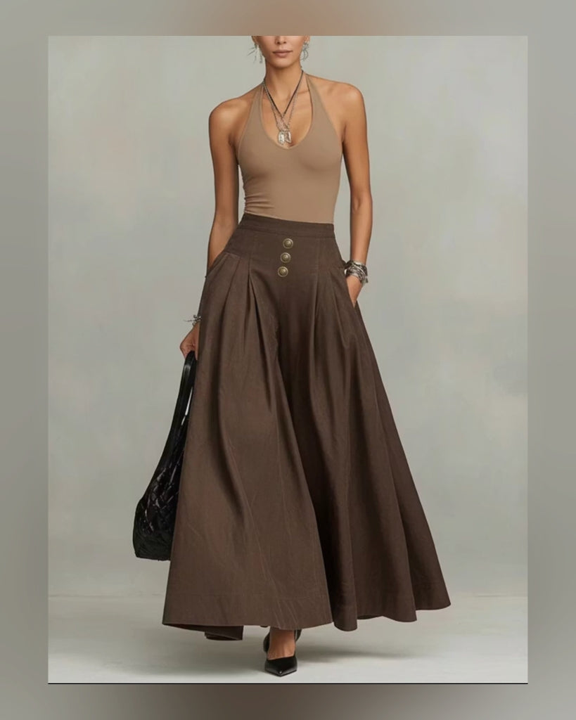 High-Waist Pleated A-Line Maxi Skirt