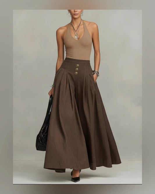 High-Waist Pleated A-Line Maxi Skirt