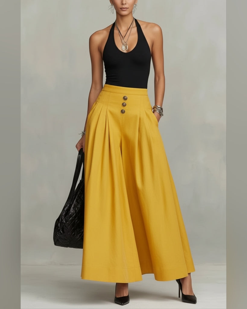 High-Waist Pleated A-Line Maxi Skirt