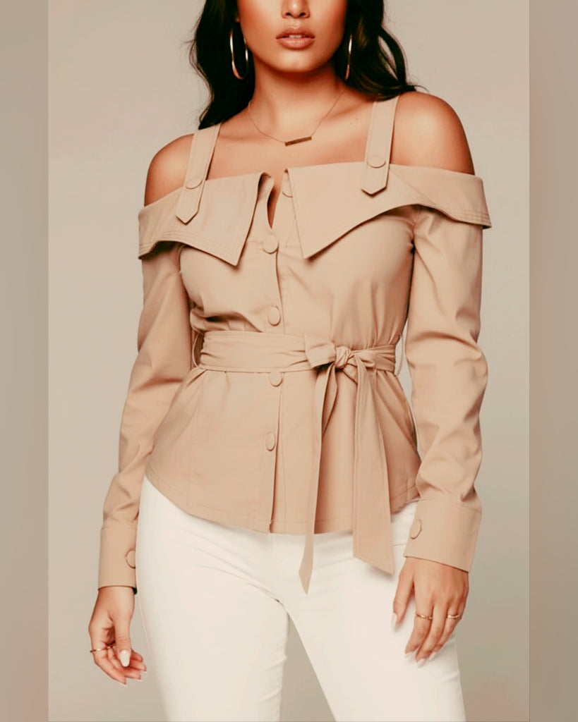 Off-Shoulder Belted Blouse