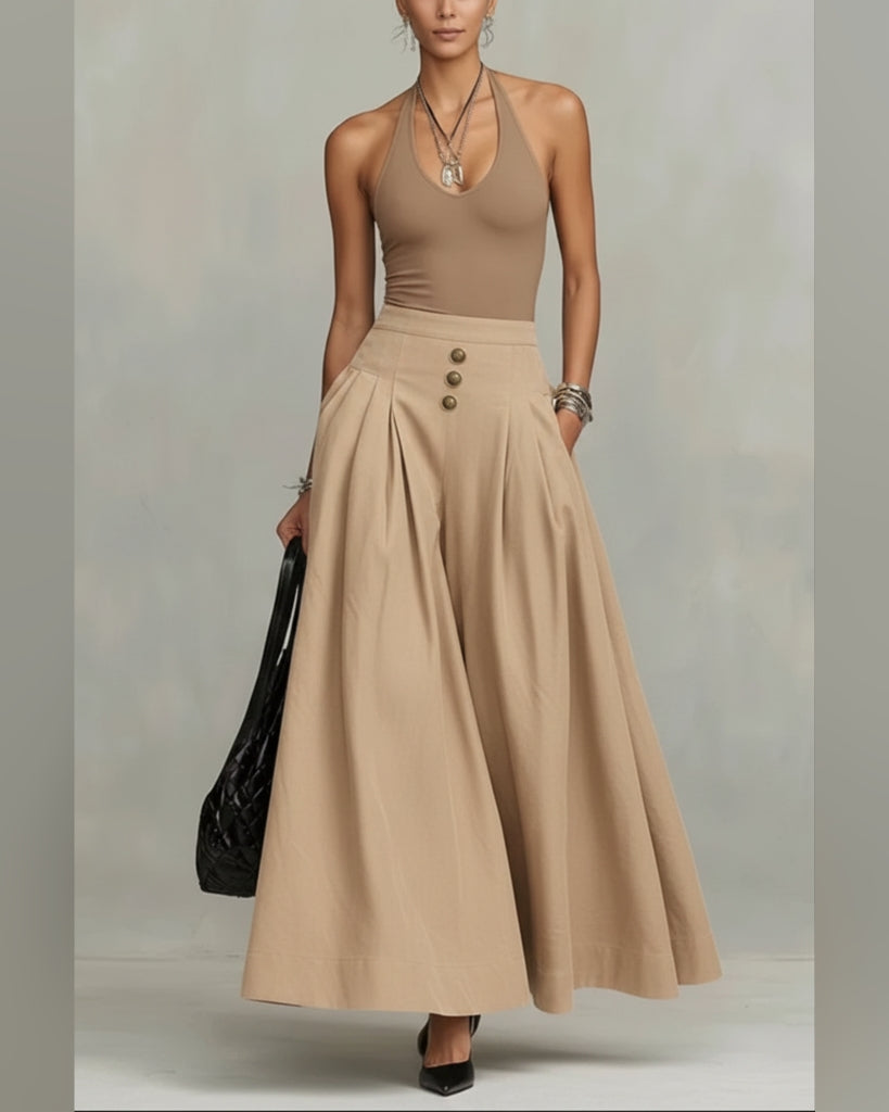 High-Waist Pleated A-Line Maxi Skirt