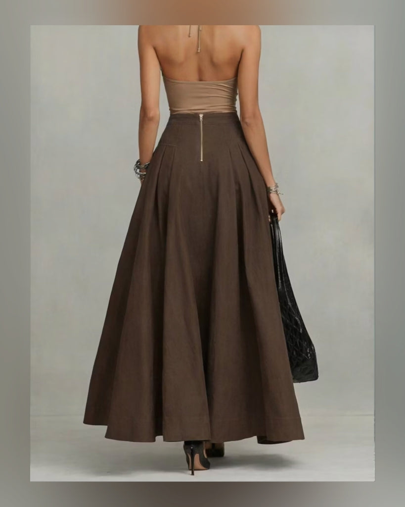 High-Waist Pleated A-Line Maxi Skirt