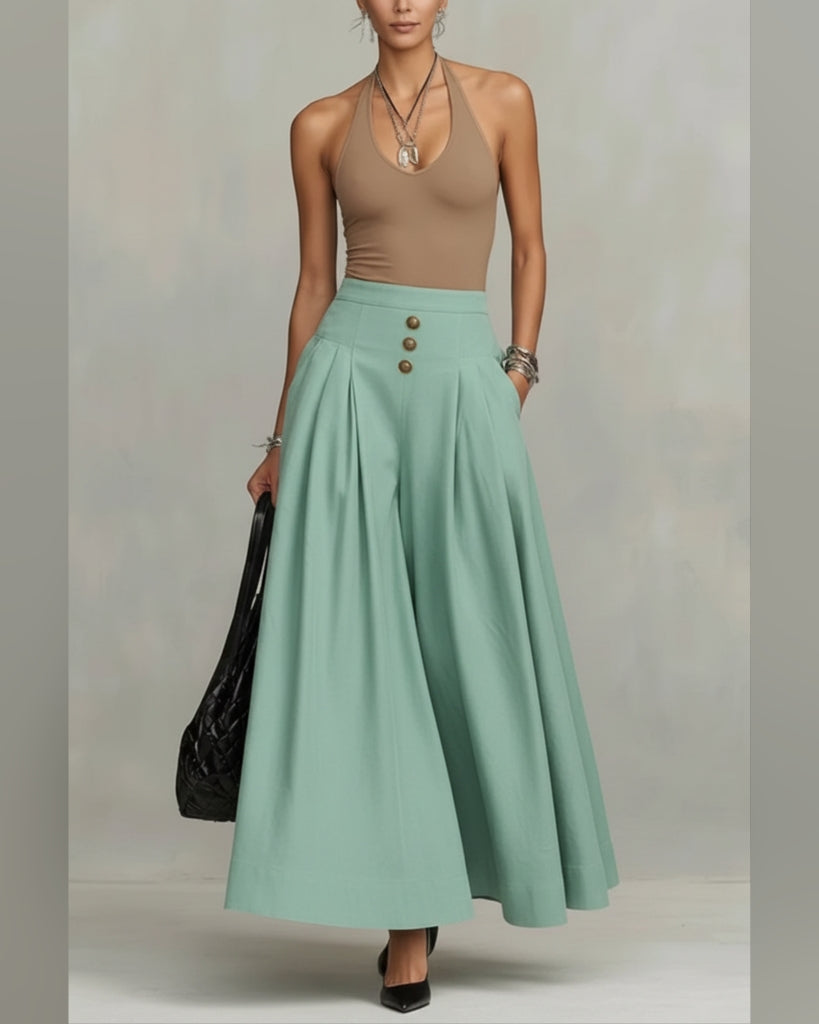 High-Waist Pleated A-Line Maxi Skirt