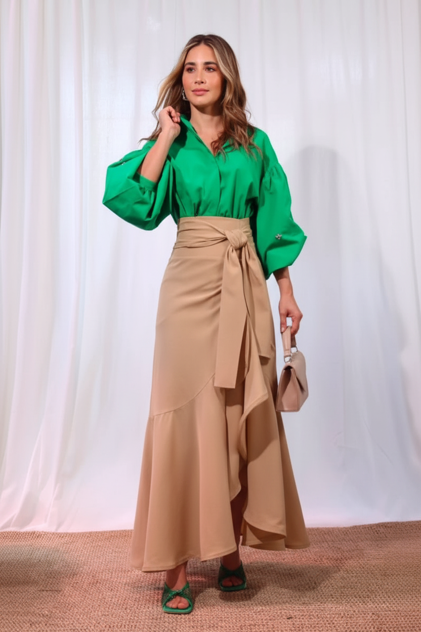 Ruffle Skirt with Belt - Beige