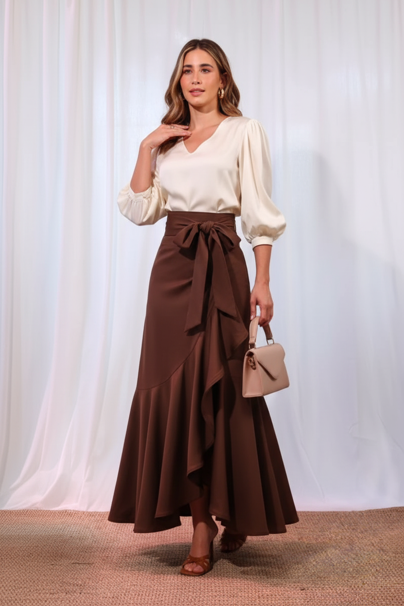 Ruffle Skirt with Belt - Brown