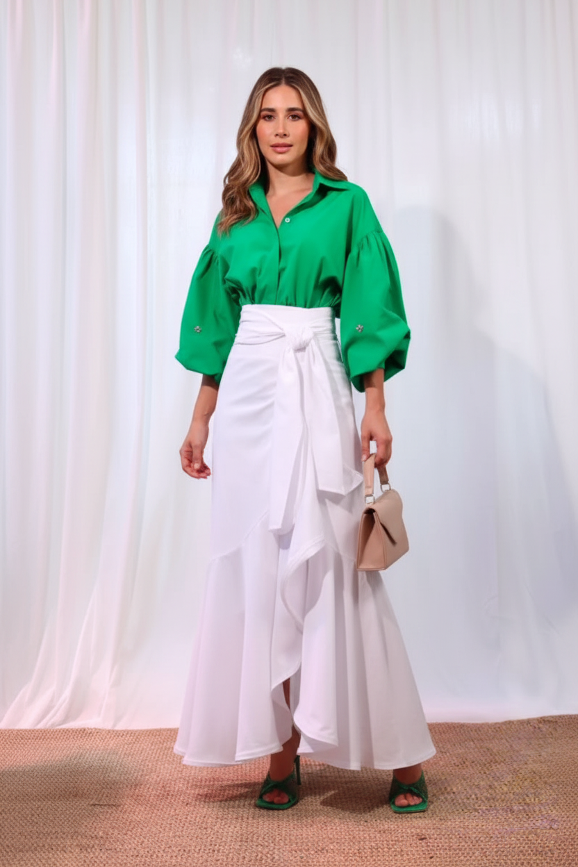 Ruffle Skirt with Belt - White