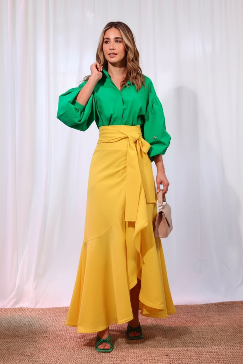 Ruffle Skirt with Belt - Yellow