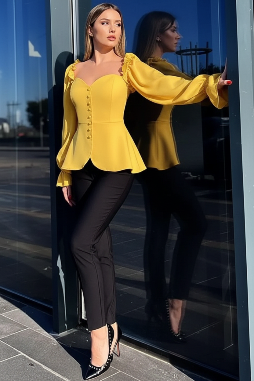 Yellow Puff-Sleeve Corset Blouse
